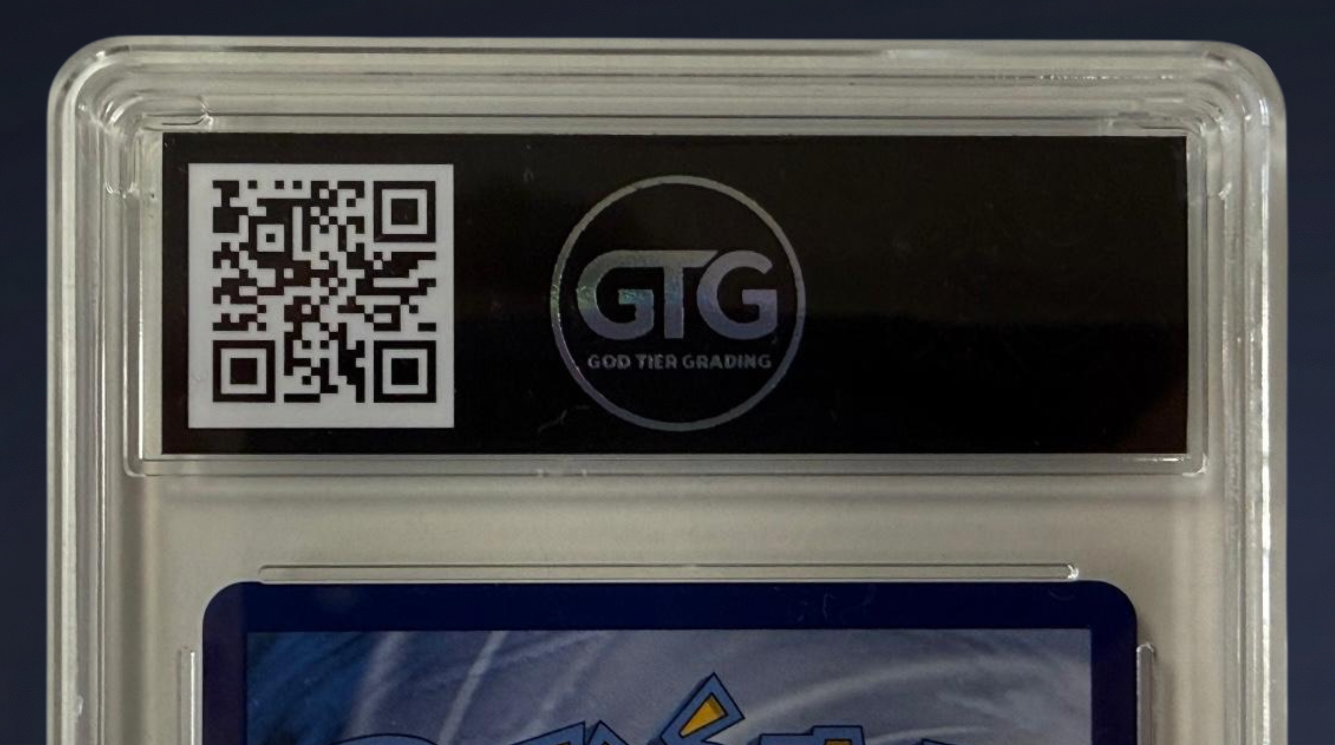 Close-up of a God Tier Grading card label